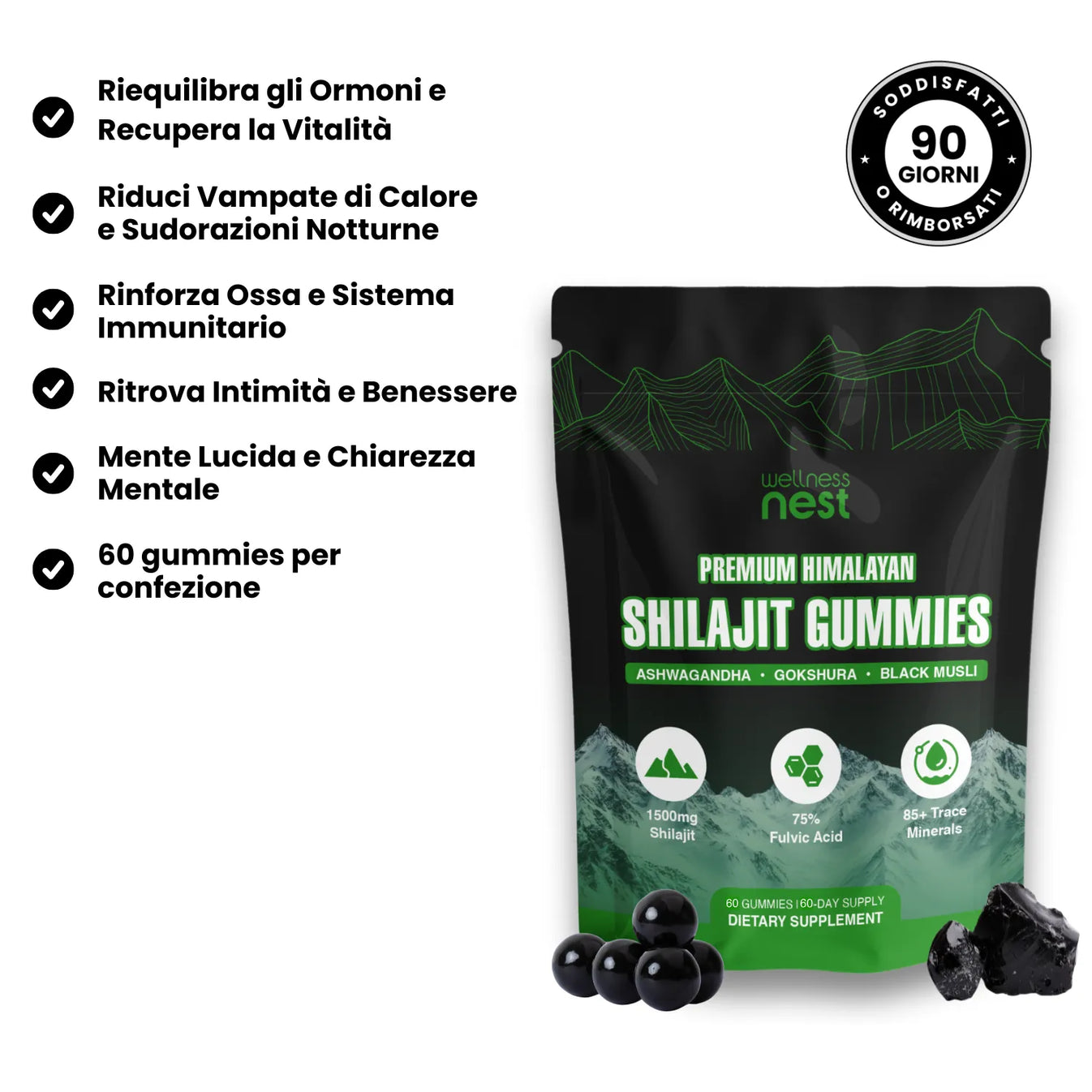 Benefici Wellness Nest Shilajit Gummies - 90 giorni soddisfatti o rimborsati